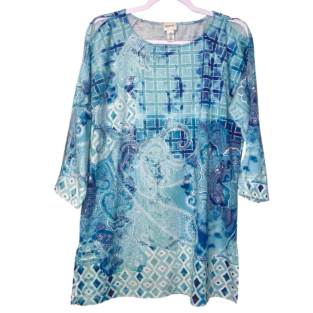 Zenergy by Chicos Paisley Geometric Print Split Sleeve Top Large Cold Shoulder